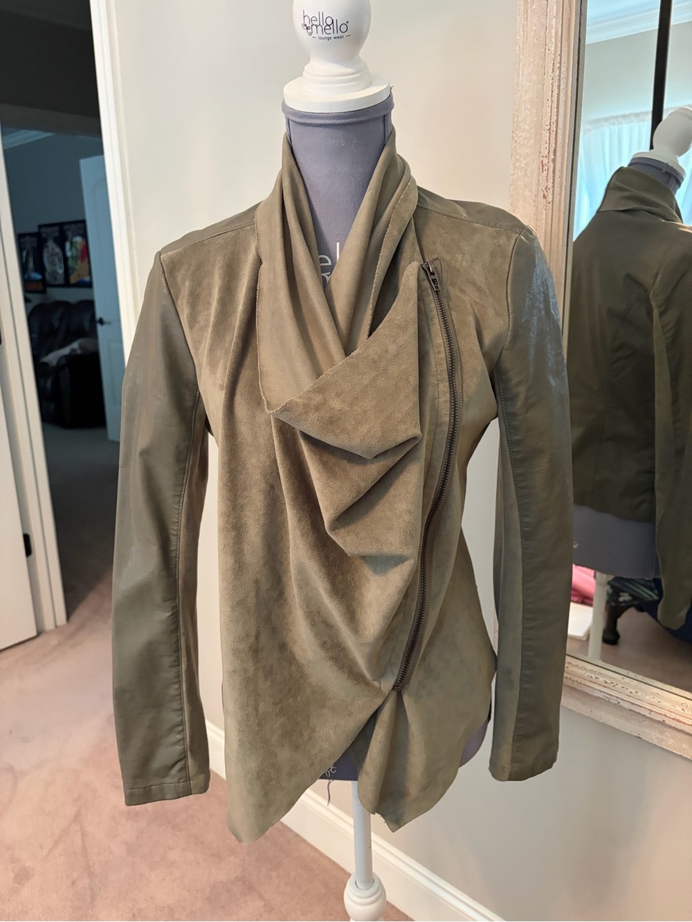 Blank NYC Olive Mixed-Material Draped Leather Jacket
